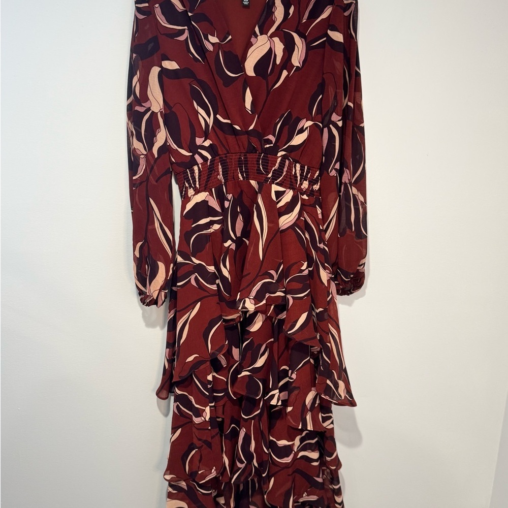 Steve Madden Bei Floral Long Sleeve Tiered High-Low Autumn Wedding Guest Dress - Picture 8 of 8